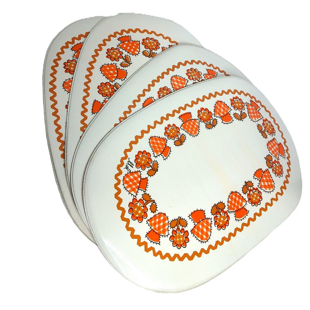 Vintage 70s Orange Mushroom Placemats Retro Floral Oval Table Mats Set of 4 - Picture 9 of 9